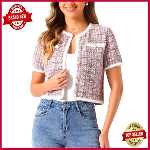 Short Sleeve Tweed Cropped Jacket Button Front Crew Neck Regular Fit